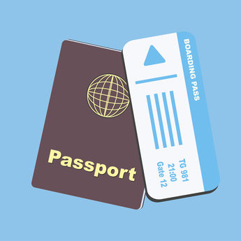 Brown passport with blue paper boarding pass plane ticket on blue background